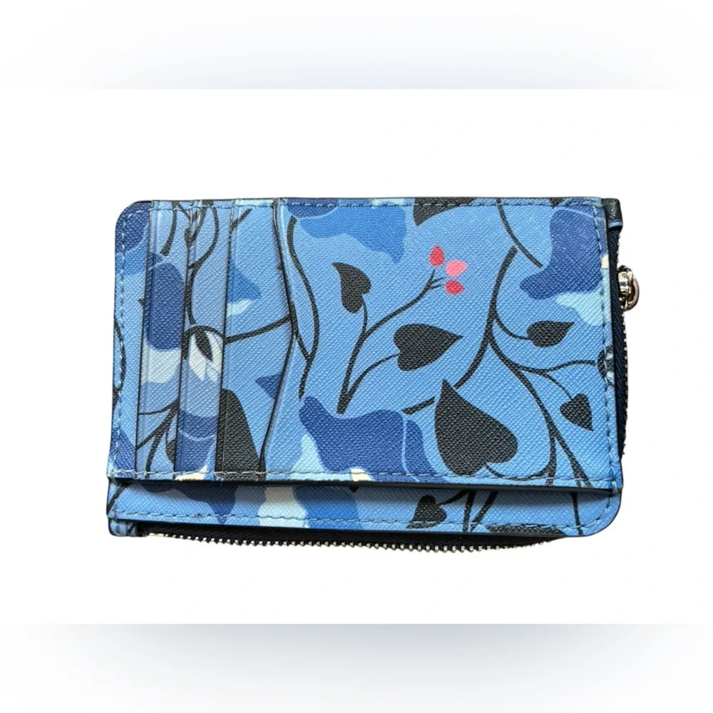 Kate Spade New York Staci Small L-Zip Bifold Wallet blue floral pattern.